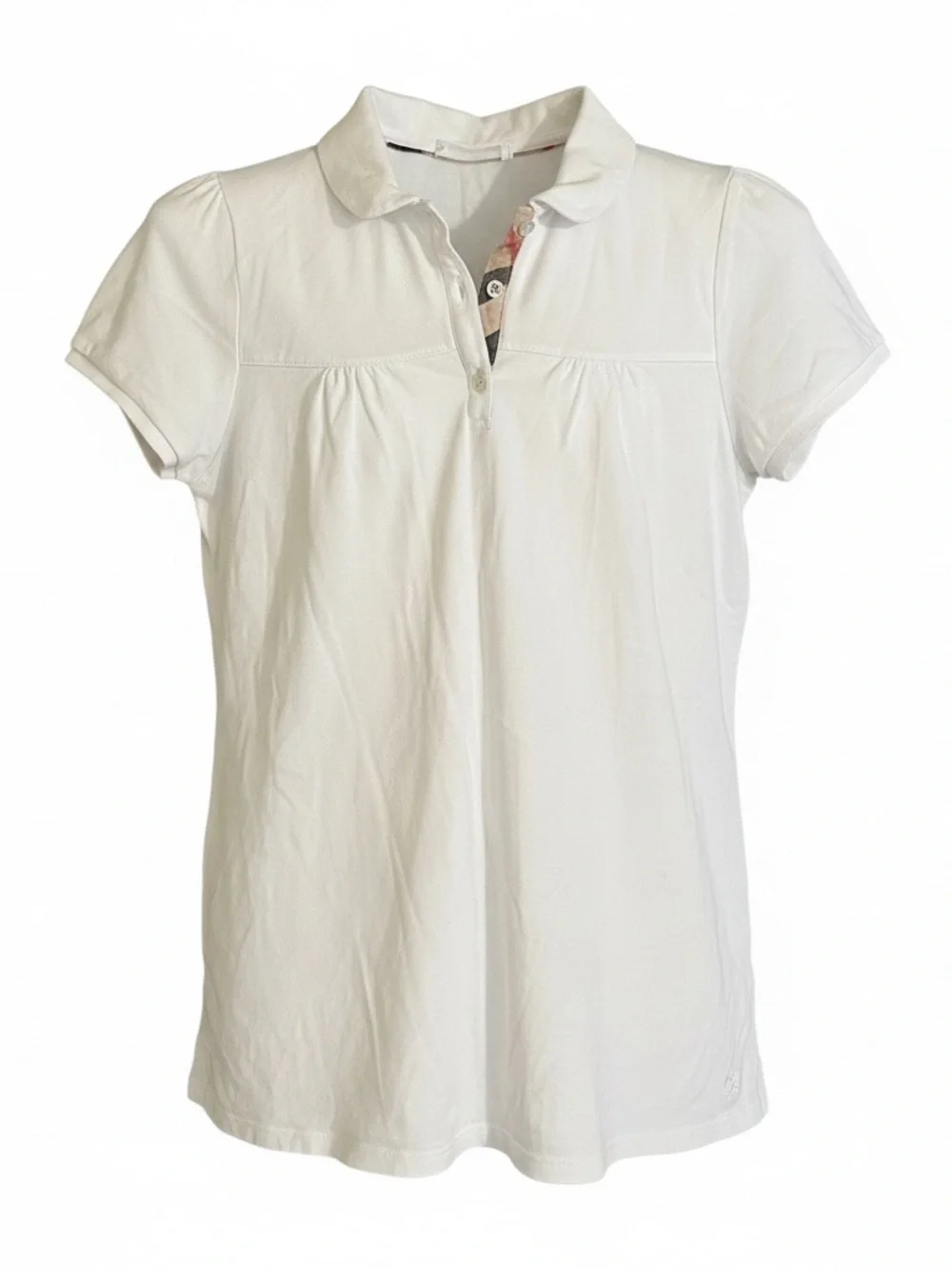 BURBERRY Girls 14 L White Puff Sleeve Polo Shirt Plaid In Collar Pleats R $295